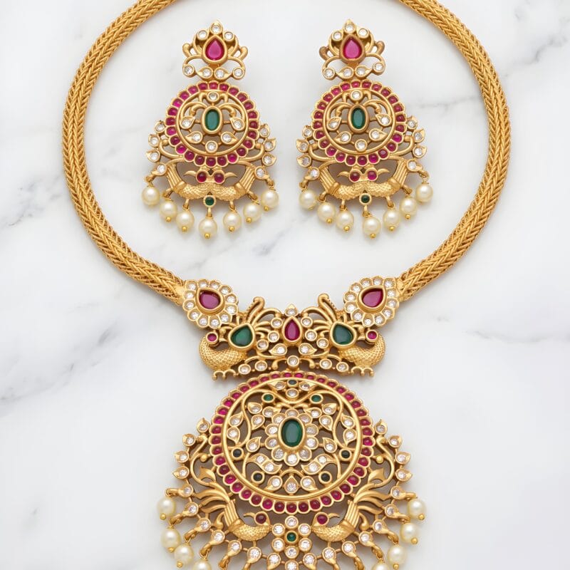 Traditional Kundan Peacock Necklace Set with Pearl Drops for Women