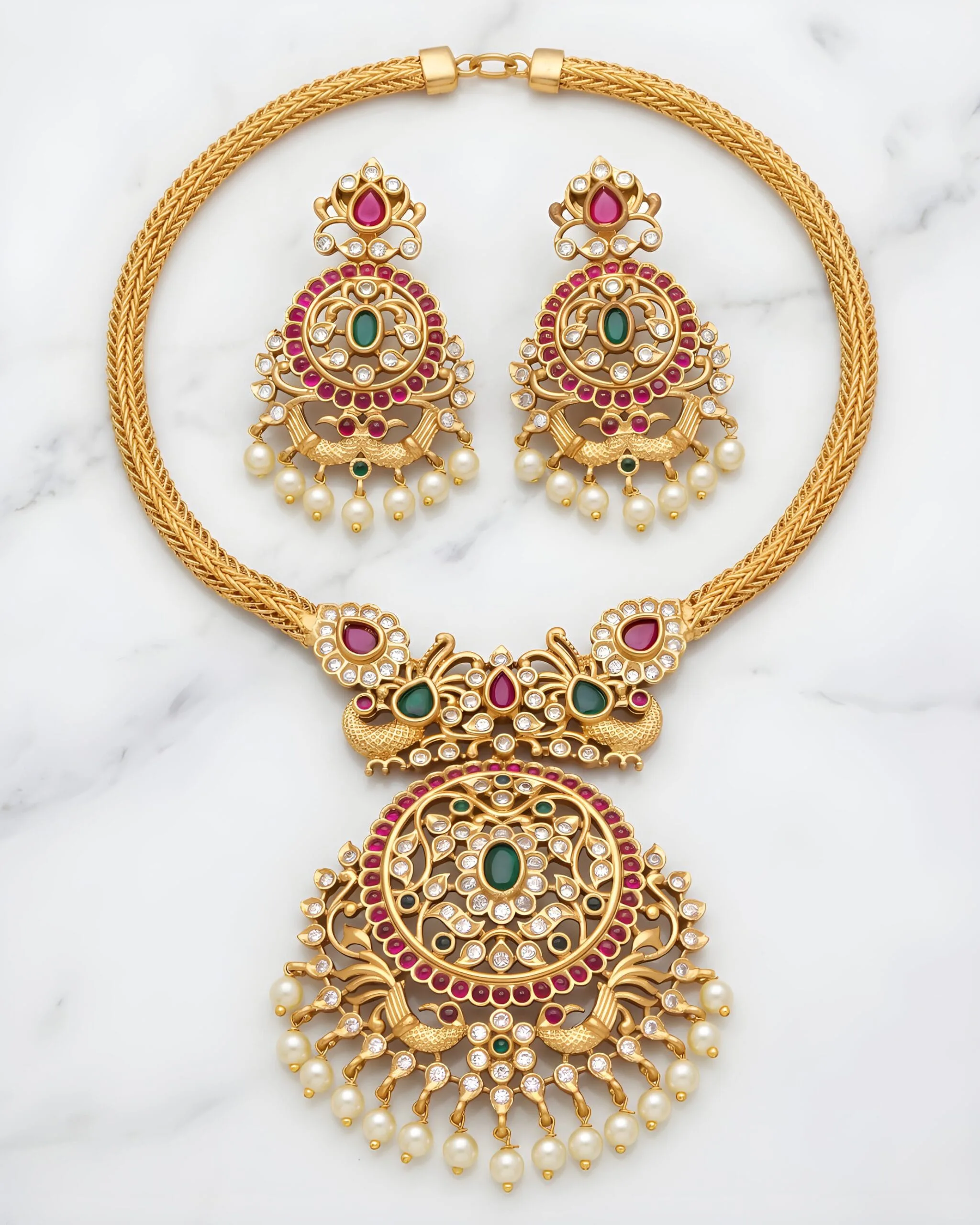 Traditional Kundan Peacock Necklace Set with Pearl Drops for Women