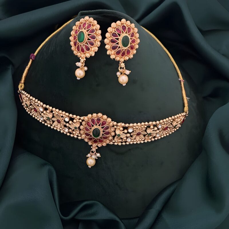 Traditional Floral Choker Necklace Set for Women