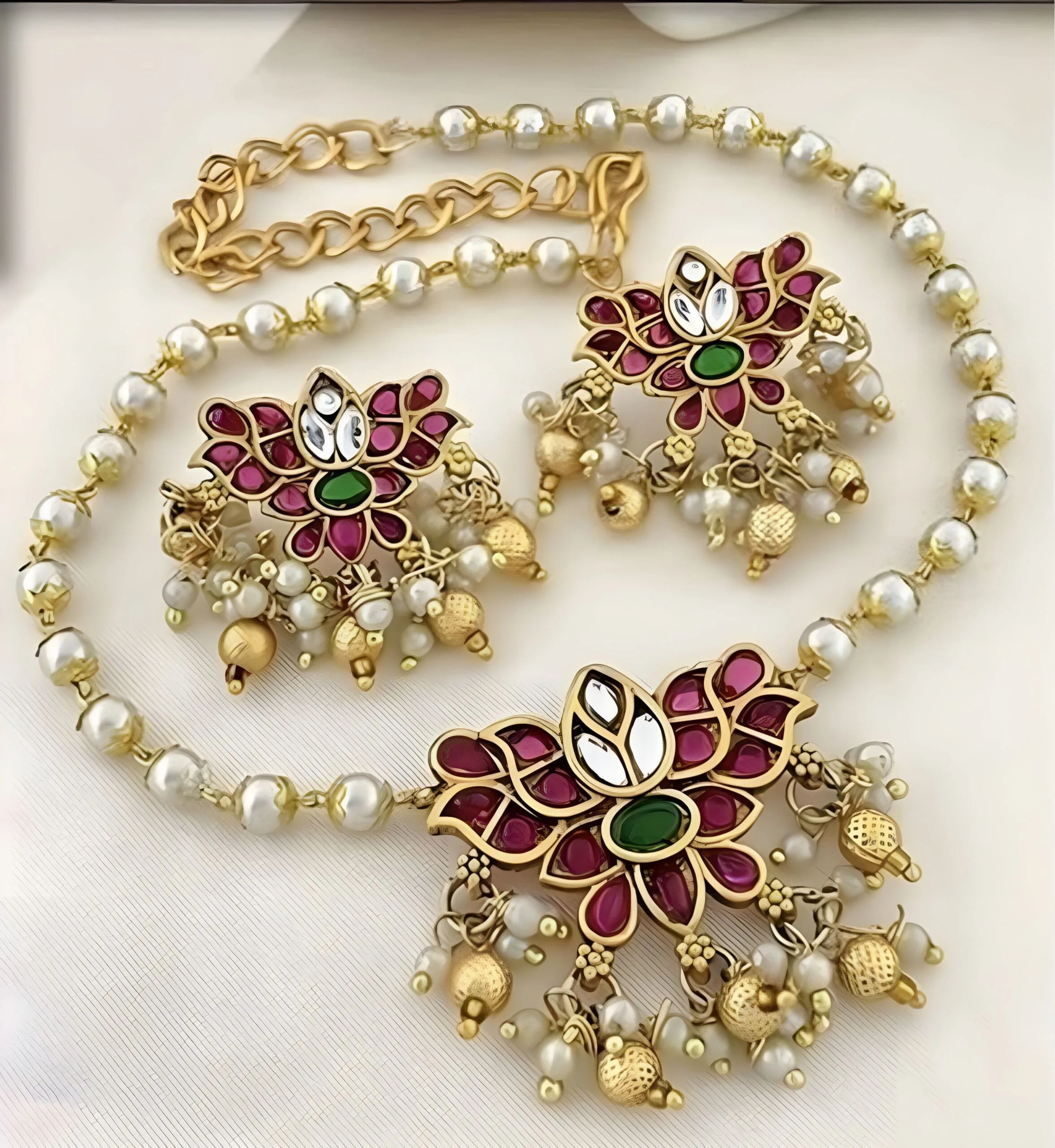Traditional Lotus Pearl Pendant Necklace Set for Women