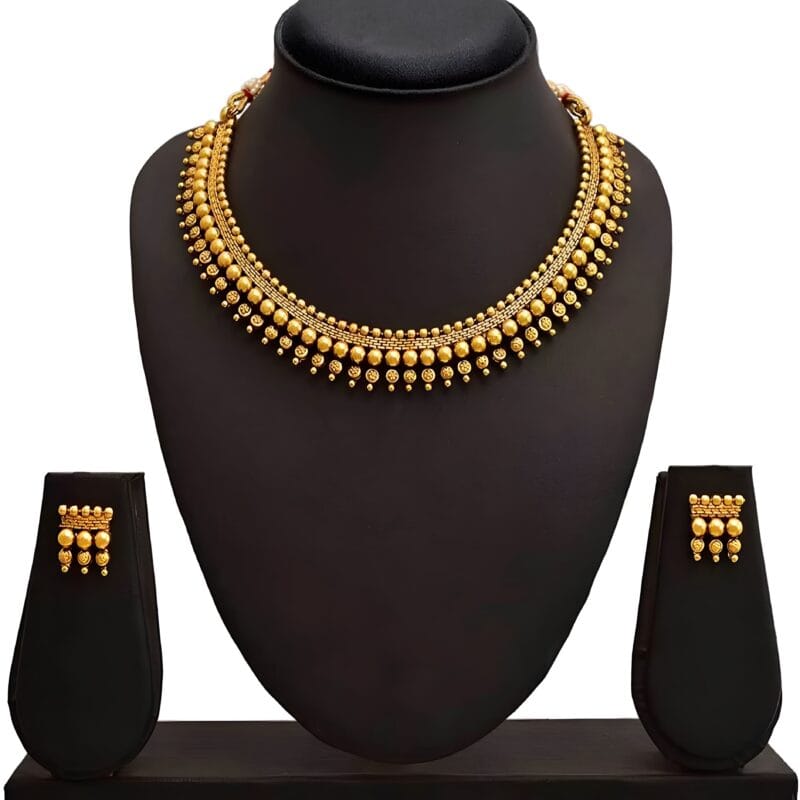 Traditional Gold Beaded Choker Necklace Set for Women