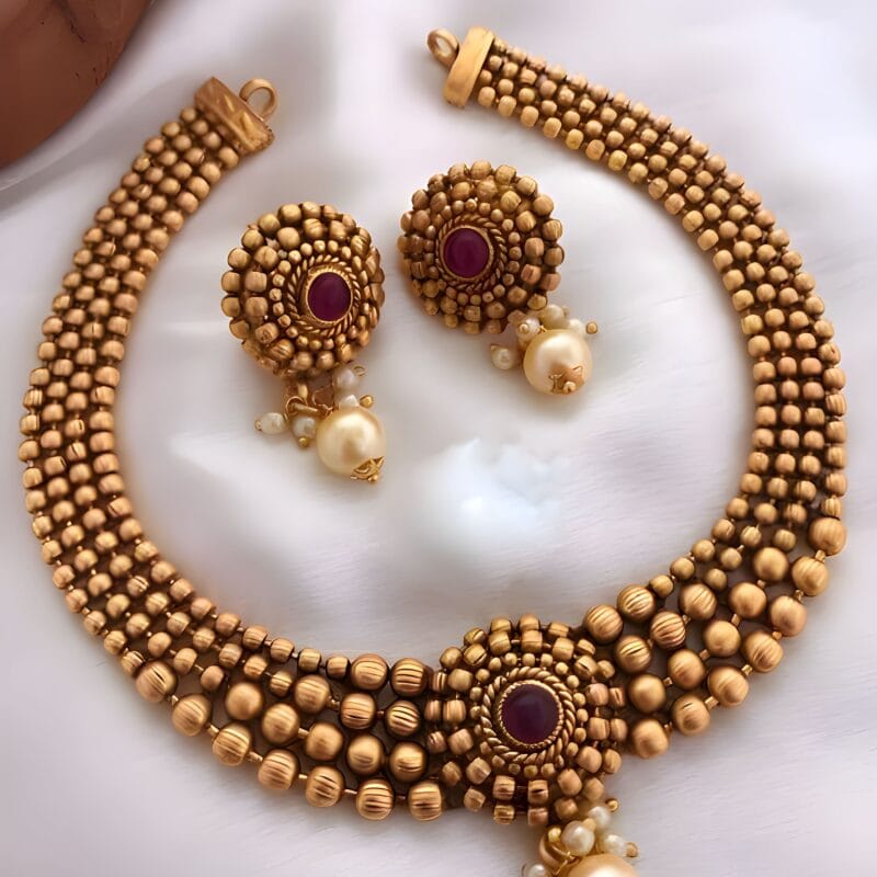 Traditional Gold Beaded Choker Necklace Set for Women