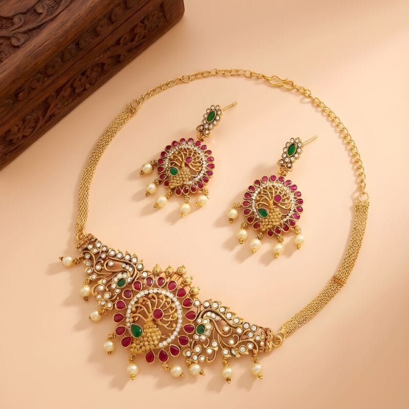 Traditional Peacock Pendant Necklace Set for Women