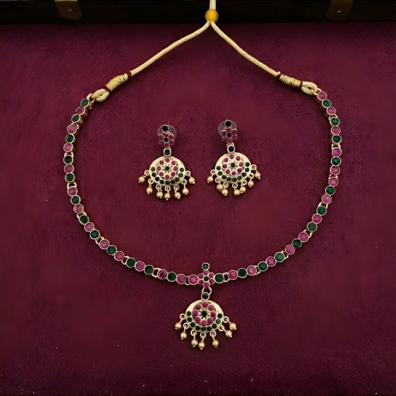 Traditional Green Pink Stone Necklace Set for Women