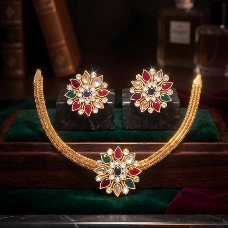 Traditional Floral Gold Necklace Set for Women