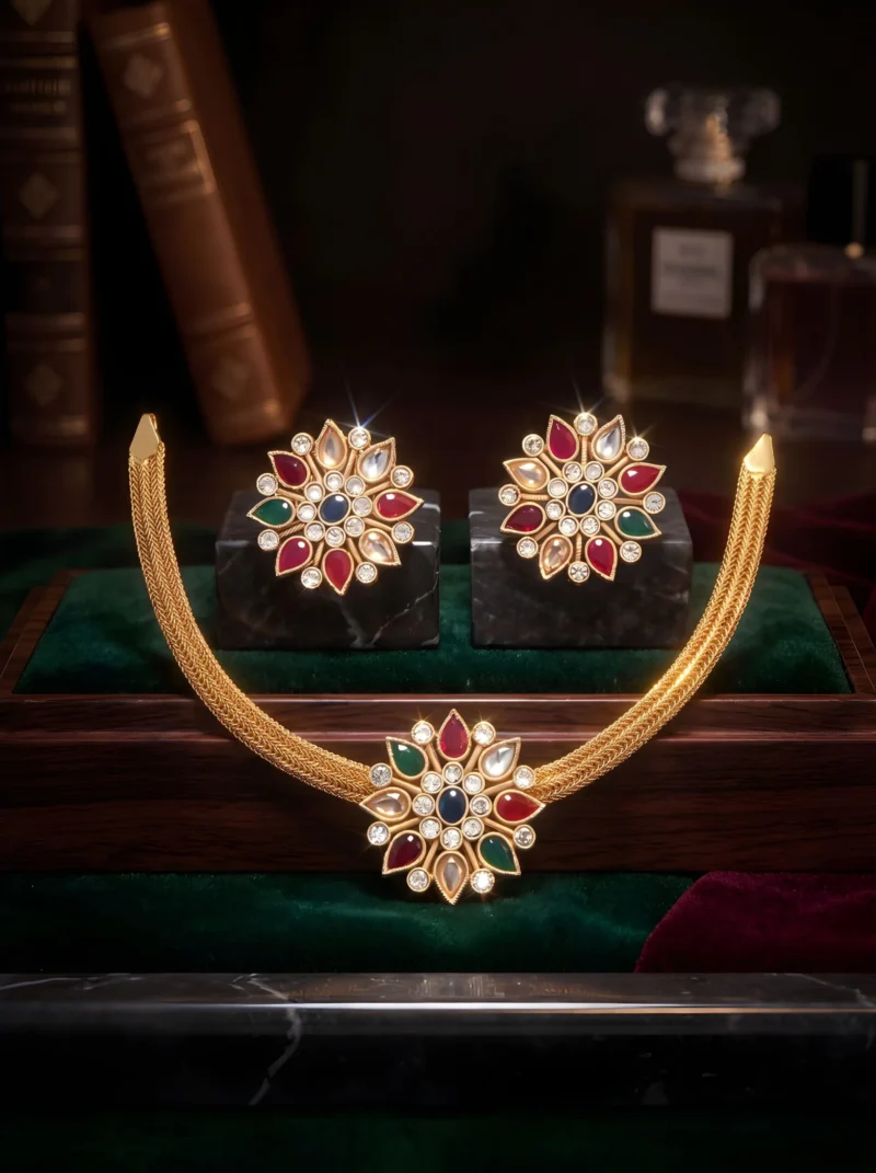 Traditional Floral Gold Necklace Set for Women