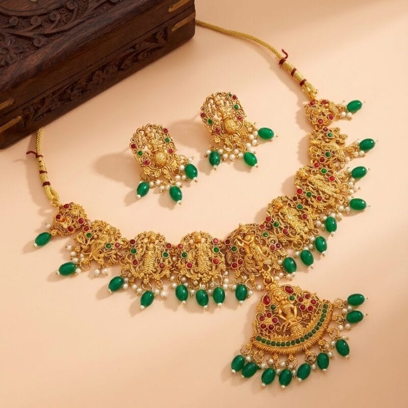 Traditional Lakshmi Temple Necklace Set with Green Beads for Women