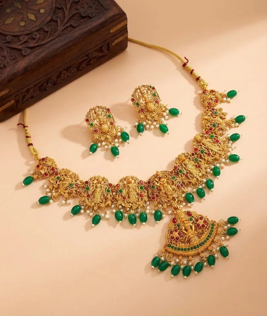 Traditional Lakshmi Temple Necklace Set with Green Beads for Women