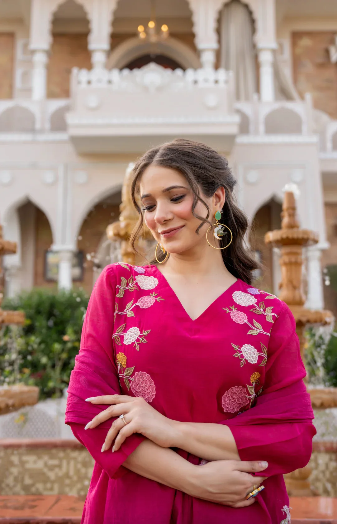 Vichitra Silk Embroidery Kurta Set With Dupatta - Pink