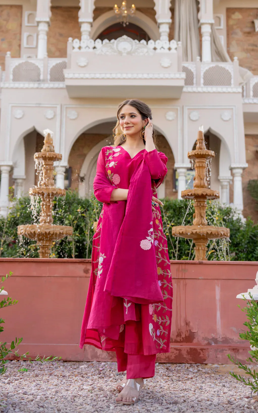 Vichitra Silk Embroidery Kurta Set With Dupatta - Pink