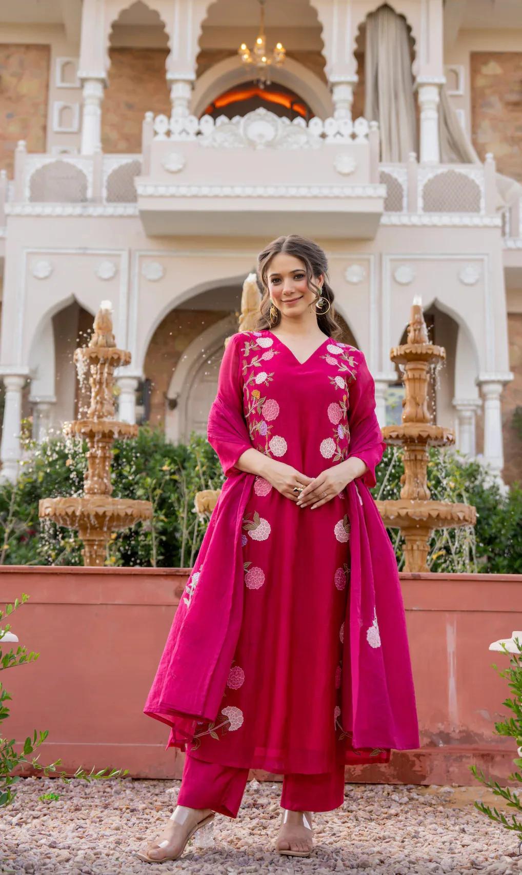 Chanderi Print Kurta Set With Dupatta - Pink