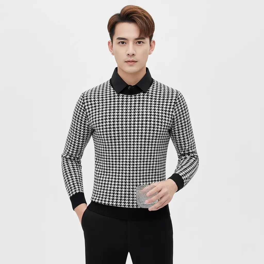 Chetnova Men's Houndstooth Pattern Polo T-Shirt | Premium Smart Casual Regular Fit