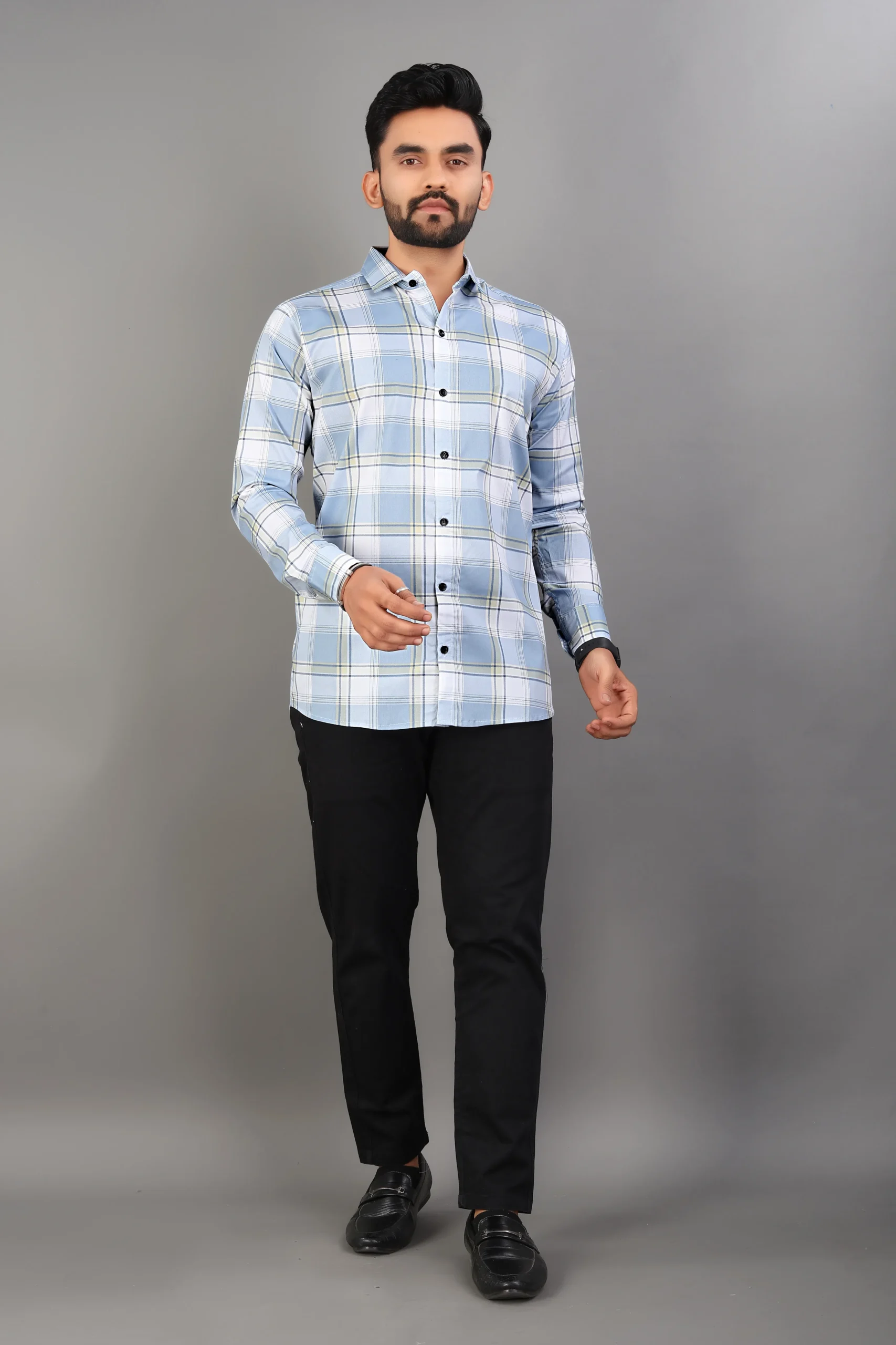 Chetnova Men's Premium Light Blue Checked Heavy Cotton Full Sleeve Shirt