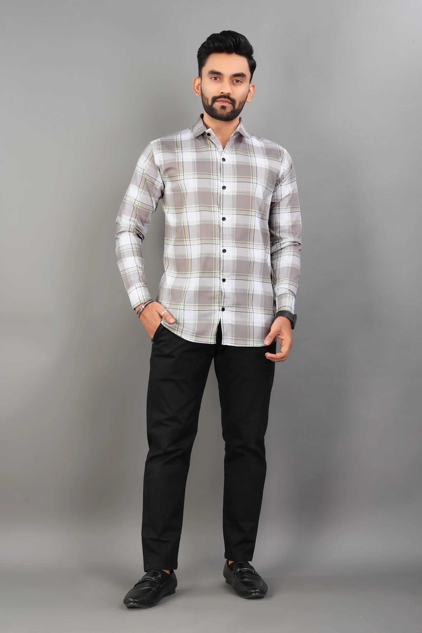 Chetnova Men's Premium Grey Checked Heavy Cotton Full Sleeve Shirt