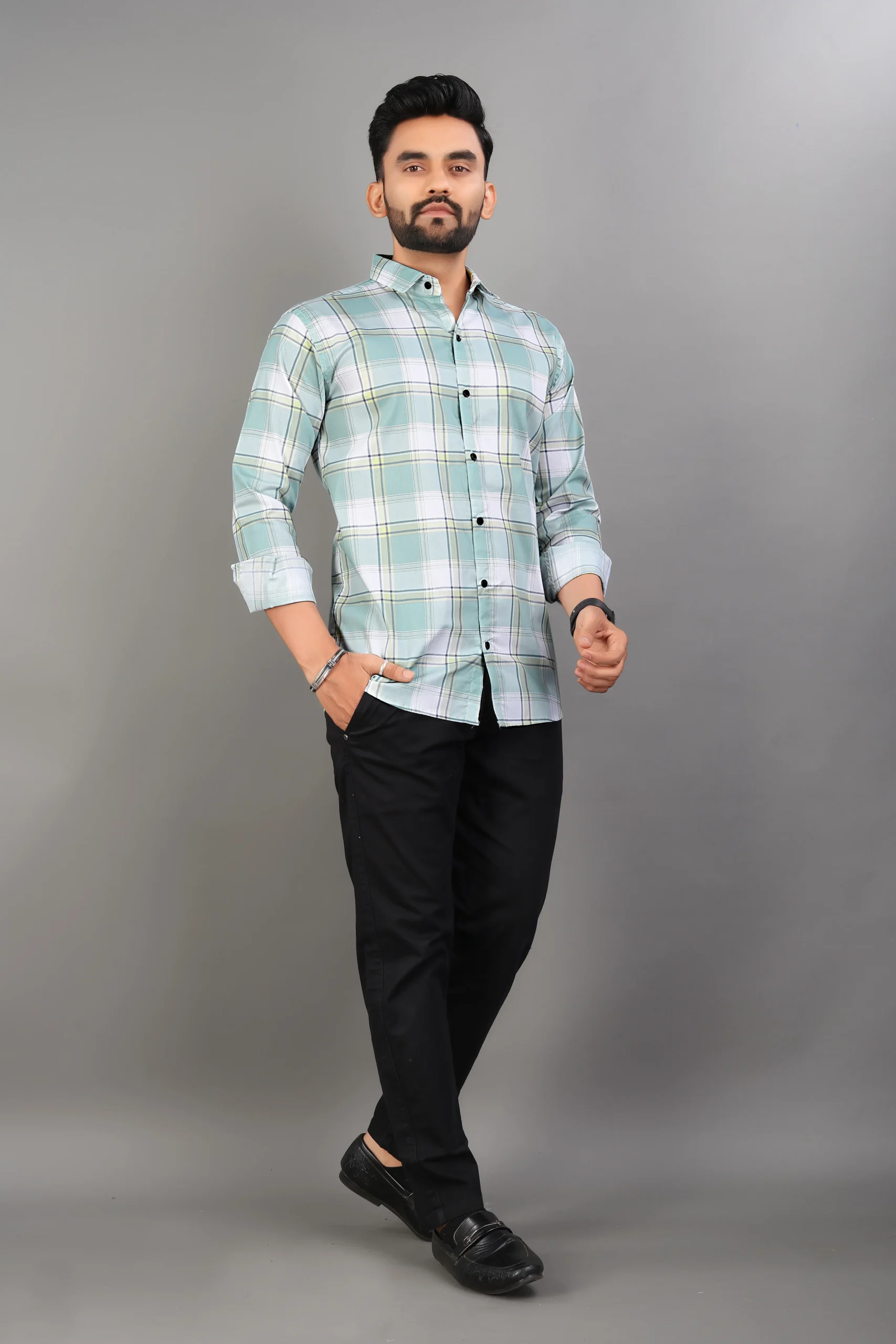 Chetnova Men's Premium Mint Green Checked Heavy Cotton Full Sleeve Casual Shirt