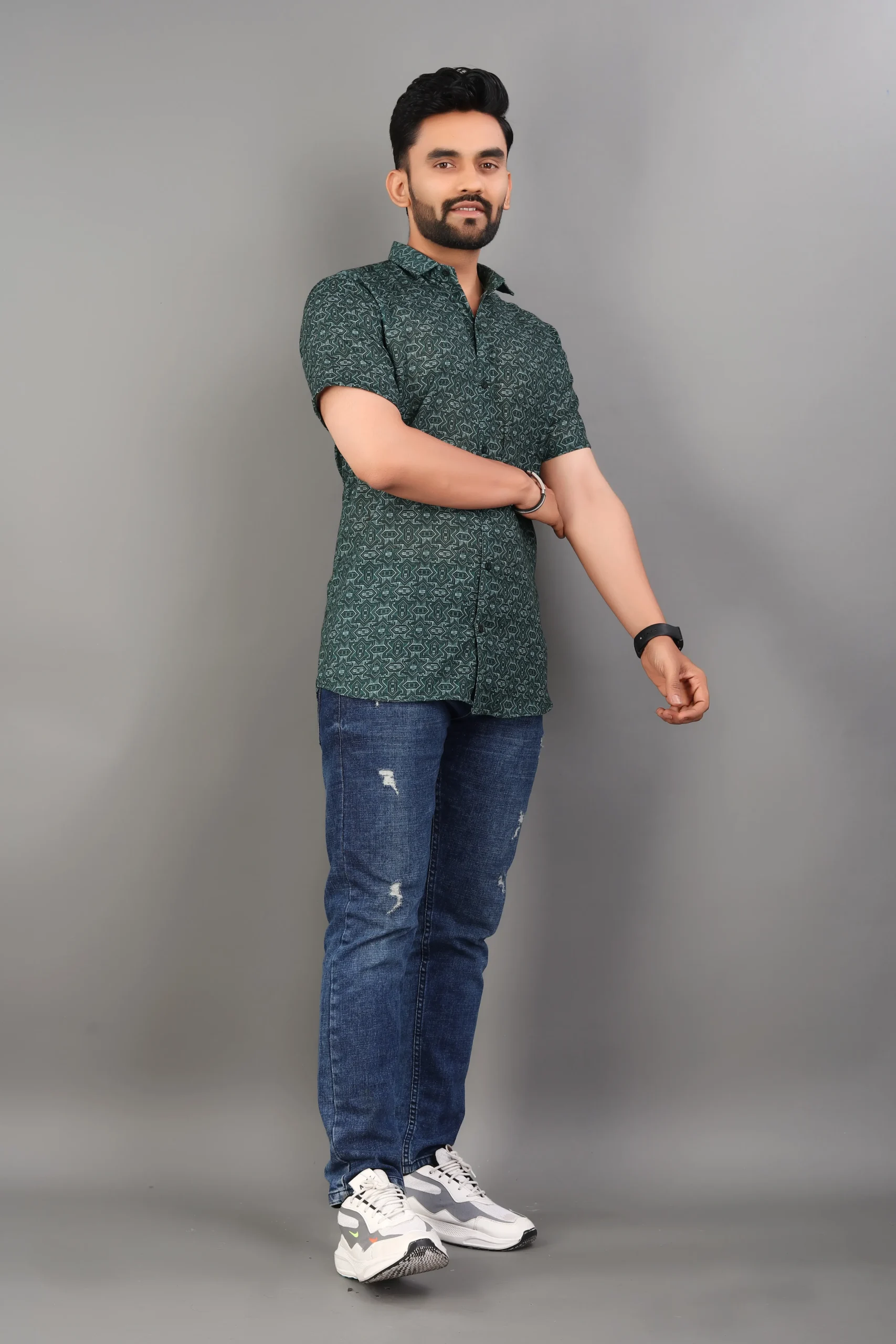 Chetnova Men's Premium Dark Green Printed Heavy Cotton Short Sleeve Casual Shirt