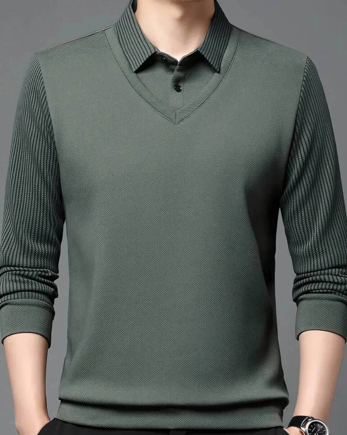 Chetnova Men's Textured V-Neck Collar Full Sleeve T-Shirt | Smart Casual Regular Fit