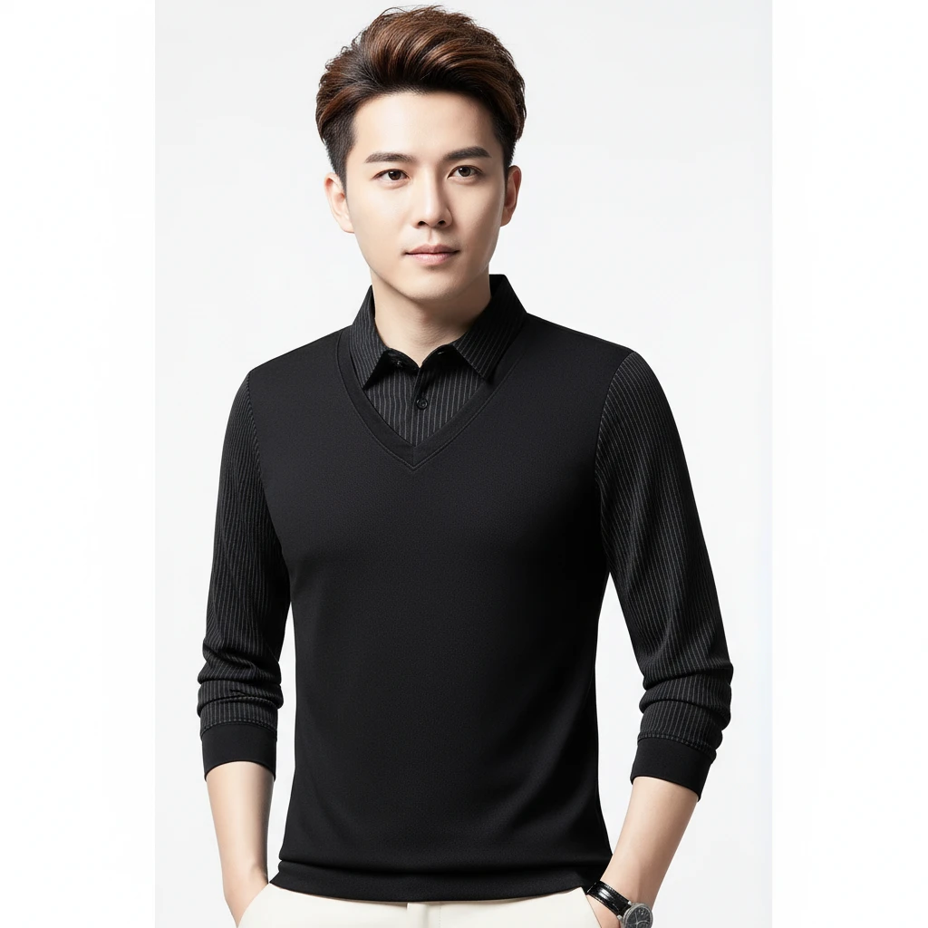 Chetnova Men's Striped Sleeve V-Neck Collar Full Sleeve T-Shirt | Smart Casual Regular Fit