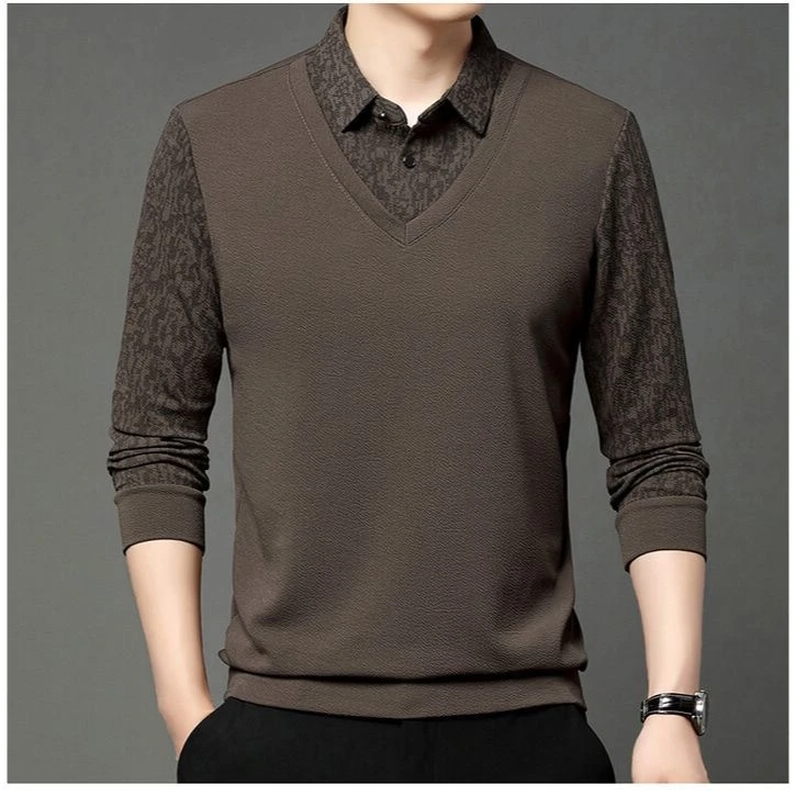 Chetnova Men's V-Neck Layered Collar Full Sleeve T-Shirt | Smart Casual Regular Fit