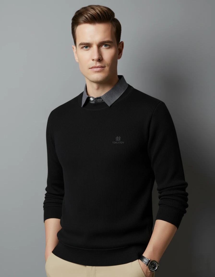 Chetnova Men's Ribbed Crew Neck Full Sleeve T-Shirt – Premium Casual Regular Fit Tee